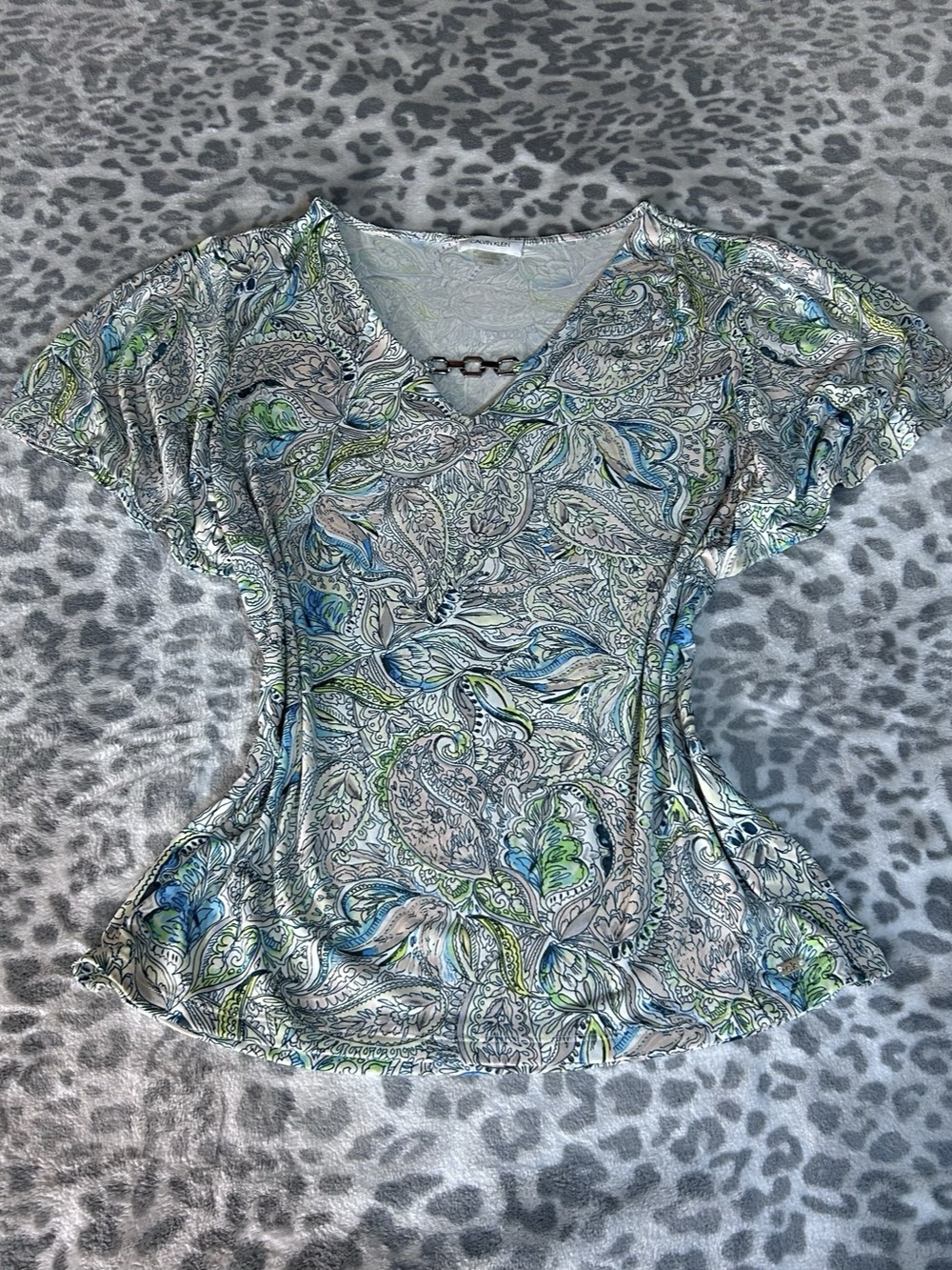 Calvin Klein Paisley Short Sleeve Blouse in Blue & Green Size Large